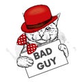 Funny cat with a hat and a tie with a sign. Bad guy, bully. Vector illustration for a postcard or a poster, print for clothes.