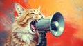 Funny cat holds loudspeaker in its paws and screams, creative idea. Business and management, concept. Increase traffic Royalty Free Stock Photo