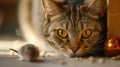 Funny cat hunting to mouse on floor, portrait of happy domestic kitty before pounce, face of cute pet playing at home. Concept of