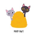 Funny Cat Peep Out from Hay Stack as English Verb for Educational Activity Vector Illustration