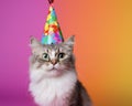 Funny cat. Pets. Zooclinic, veterinary. Hotel for animals. Kitten in birthday hat Royalty Free Stock Photo