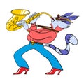 Funny cat plays the saxophone. Cartoon character from the ensemble of the Bremen Town Musicians. Vector image of a cat.