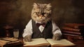 Funny cat professor at school, university, college, with books, in Royalty Free Stock Photo