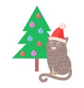 Funny Cat in Red Hat Sitting Near Christmas Tree Royalty Free Stock Photo