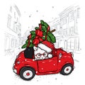 Funny cat in a retro car with a Christmas tree on the roof. Vector illustration. New Year`s and Christmas. Cute kitten. Royalty Free Stock Photo