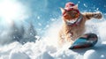 Funny cat rides snowboard on ski slope in winter, ginger pet in mask and hat on snow and sky background. Concept of sport, extreme
