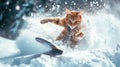 Funny cat rides snowboard with splash of powder on ski slope in winter, ginger pet on snow and trees background. Concept of sport