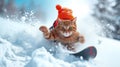 Funny cat rides snowboard with splash of snow on ski slope in winter, ginger pet in hat on spray of powder background. Concept of