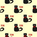 Funny cat with round eyes and a bow. Text Meow! Seamless pattern.