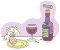 Funny cat with a sausage and a bottle of wine