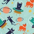 Funny cat seamless pattern with planet, ufo, and alien on space concept good for baby and kids fashion textile print and wrapping