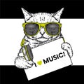 Funny cat with a sign, a cap, glasses and headphones. Bad guy, bully. Vector illustration for a postcard or a poster, print.