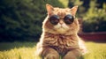 Funny cat in sunglasses in trendy style on street background. Portrait summer. Pet care, generated AI