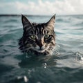 Funny cat swims in the water on a sunny day. Kitten swimming in the ocean.