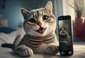 Funny cat taking selfie on smartphone. Animal stick out tongue