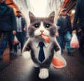 funny cat thieve wear cap and sunglass escape on running from market with stolen grilled salmon