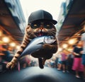 funny cat thieve wear cap and sunglass escape on running from market with stolen grilled salmon