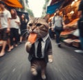 funny cat thieve wear cap and sunglass escape on running from market with stolen grilled salmon