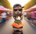 funny cat thieve wear cap and sunglass escape on skateboard from market with stolen grilled salmon