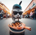 funny cat thieve wear cap and sunglass escape on skateboard from market with stolen grilled salmon