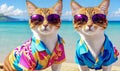 Funny Cat on vacation in Hawaiian shirt and sunglasses. advertising offers of travel agencies and operators. journey, trip, tour Royalty Free Stock Photo