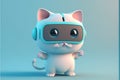 Funny cat with VR helmet in a virtual reality, 3d illustration on blue backdrop.