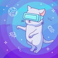 Funny cat with VR helmet in a virtual reality outer space