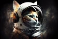 Funny cat wearing astronaut detailed white helmet