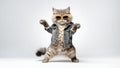 Funny cat wearing orange sunglasses and denim jacket standing in dancing pose on light gray studio background. Royalty Free Stock Photo