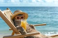 Funny cat wearing sunglasses and beach hat relaxing sitting on deckchair with orange juicy cocktail Royalty Free Stock Photo