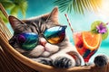 Funny cat wearing sunglasses on sea beach, ginger pet relaxes on vacation, generative AI