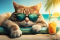 Funny cat wearing sunglasses on sea beach, ginger pet relaxes on vacation, generative AI