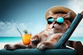 Funny cat wearing sunglasses on sea beach, pet with cocktail on vacation, generative AI
