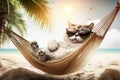 Funny cat wearing sunglasses on sea beach, pet relaxes on vacation, generative AI