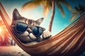 Funny cat wearing sunglasses on sea beach, pet relaxes on vacation, generative AI