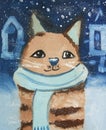 Funny cat in winter painting