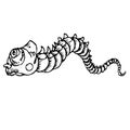 Funny caterpillar crawling, hand drawn doodle black and white sketch