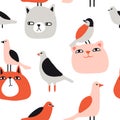 Funny cats and birds seamless pattern Royalty Free Stock Photo