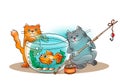 Funny cats catch goldfish from the aquarium Royalty Free Stock Photo