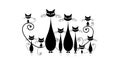 Funny cats family with kittens, black silhouette