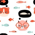 Funny cats and fish seamless pattern Royalty Free Stock Photo