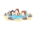 Funny Cats Taking Japanese Hot Spring Bath Outdoor, Cute Pet Animals Enjoying Spa Procedure Vector illustration Royalty Free Stock Photo