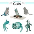 Funny cats with watercolor texture. Cute cats in grey and green colors.