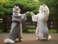 Two cats wearing human tunics, playing tai chi in a courtyard, standing like people