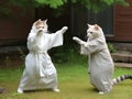 Funny cats in white kimono exercising yoga or Asian martial arts. Legs wide stance, paws in air