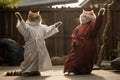 Cats wearing human tunics, playing Tai Chi in a courtyard, standing like people