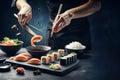 Funny Caucasian chef prepare fly sushi, spash soy sauce, 3d render ,illustration, humour in kitchen