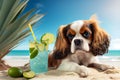 Funny cavalier king charles spaniel dog posing on a beach with cocktail