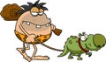 Funny Caveman Cartoon Character With Club And Dino Dog Goes To Hunting