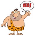 Funny Caveman Cartoon Character Waving With Speech Bubble.